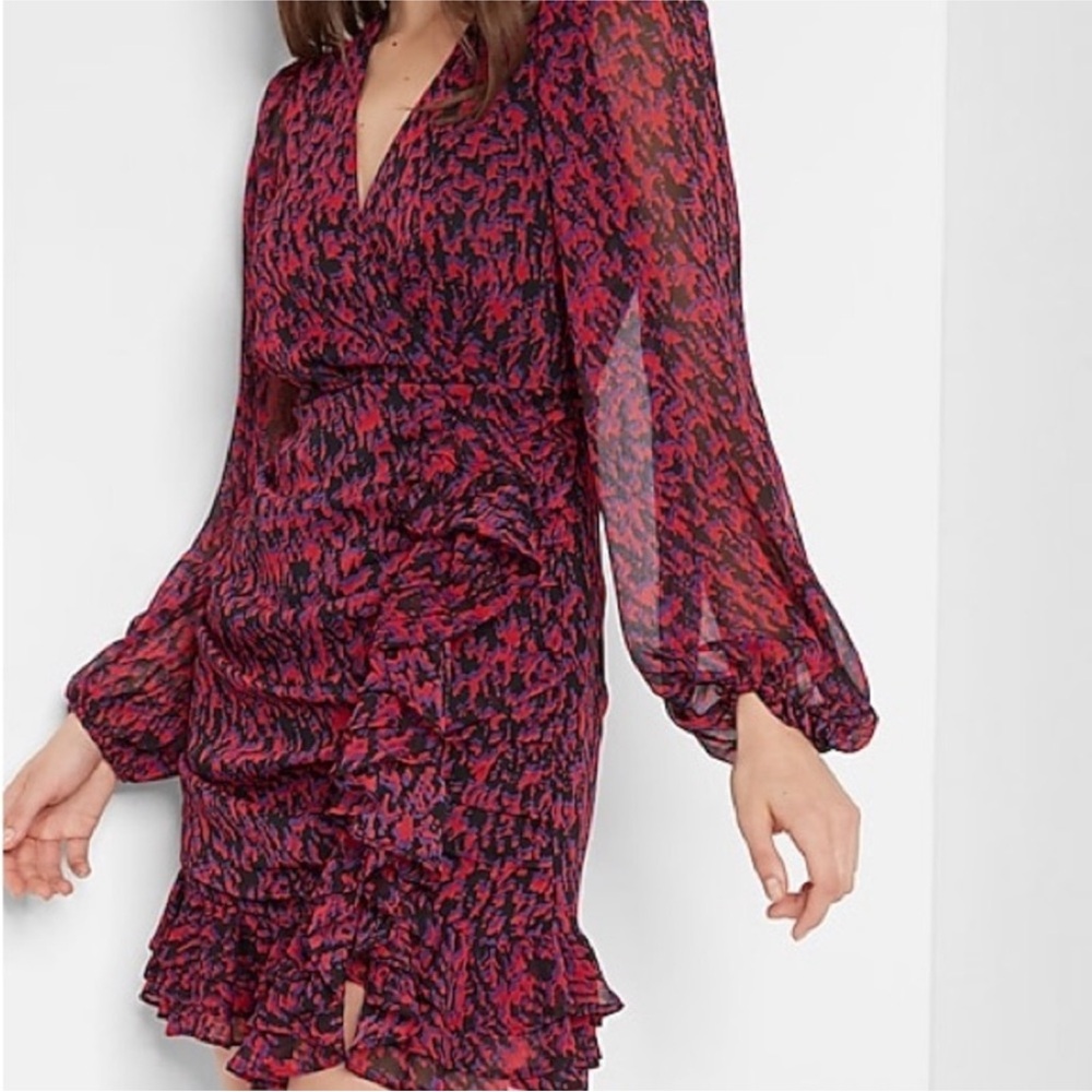 Express Abstract Print Wrap Ruffle Mini Dress - image 3